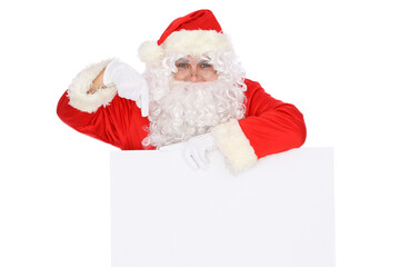 Crazy cheerful Santa Claus near copy space area, isolated over white background. Merry Christmas and New Year concept