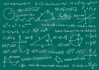 Math formulas. Mathematical formulas on green school chalkboard. Handwritten scientific math equations, theories or calculations vector background. Algebra and geometry education concept