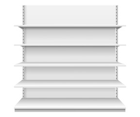 Store shelves. White empty supermarket shelf. Realistic front view showcase display for product advertising. Retail shelving vector template. Blank shop furniture indoor interior isolated