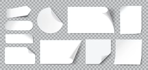 Foto op Canvas White stickers. Blank adhesive sticker with folded or curled corners. Realistic paper sticky notes in various shapes vector mockup as circle, rectangle, square clean tags or badges © Frogella.stock