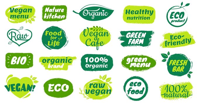 Organic food label. Natural organic product badges, raw vegan menu logos, fresh bar labels. Hand drawn healthy food stickers vector set. Organic food for life, cafe for vegetarians