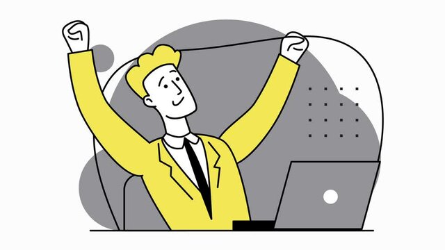 Achieving the goal. Successful well done work. The happy young man completed task and triumphing with raised hands on his workplace. Completed task. Warm up for seated work. Modern 2d flat animation.	