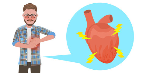 3D Flat Vector Conceptual Illustration of Heart Attack Symptoms, Sick Man with Chest Pain