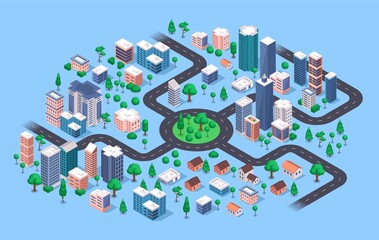 Isometric city. Modern urban cityscape with buildings, apartment houses, skyscrapers, roads, streets, trees, stores. 3d vector navigation map. Residential ares with plants and shops - obrazy, fototapety, plakaty