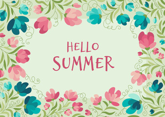 Summer flowers - vector frame, poster, banner, card, template. Summer mood. Hello summer