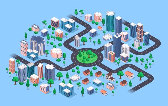 Isometric city. Modern urban cityscape with buildings, apartment houses, skyscrapers, roads, streets, trees, stores. 3d vector navigation map. Residential ares with plants and shops