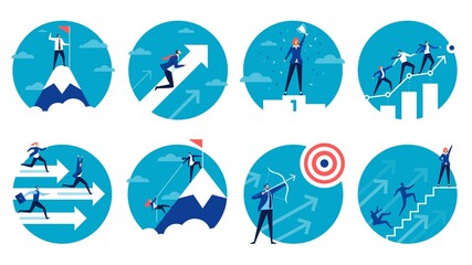 Business success. Businessman achieving goals, climbing corporate ladder. Team leader helping coworkers. Leadership, teamwork vector concept set. Woman holding cup winning in competition