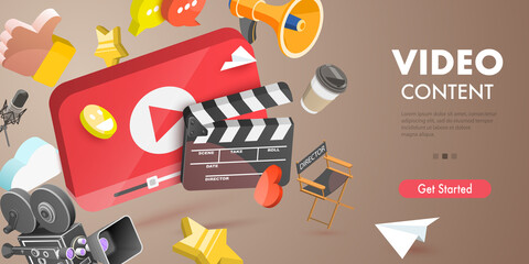 3D Vector Conceptual Illustration of Video Content Creating, Digital Video Advertising and Media Marketing - obrazy, fototapety, plakaty