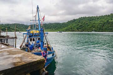 Fisher boat with beautiful seascape on kohkood island in low season travel.Koh Kood, also known as Ko Kut, is an island in the Gulf of Thailand