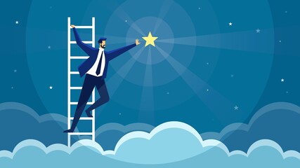 Businessman reaching star. Man climbing ladder and catching star. Business opportunity, goal achievement, success, career growth vector concept. Employee progress and job development