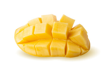 Rip mango slice cubes cut, Mango half cut in cubes, Fresh juicy mango fruit isolated on a white background.