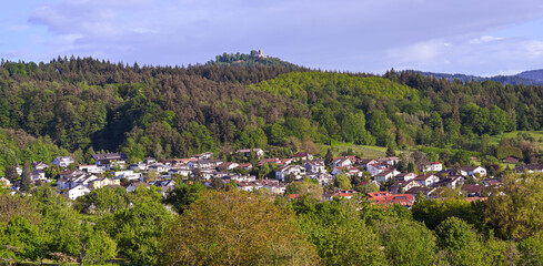 Fototapeta na wymiar Vormberg district of Sinzheim with the Yburg in the background near the spa town of Baden Baden. Baden Wuerttemberg, Germany