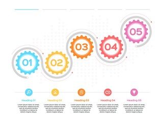 Gear infographic. Production progress, development process business infographic with gear diagrams. 5 step timeline vector template. Cog wheel connection for company presentation organization