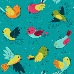 Flock of funny birds  - Seamless pattern. Vector Loop pattern for fabric, textile, wallpaper, posters, gift wrapping paper, napkins, tablecloths. Print for kids, children. Children's pattern