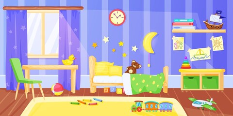 Kids bedroom. Cartoon preschool child bedroom interior with furniture and toys. Children room, nursery for boy or girl vector illustration. Comfortable indoor furnishing with ball, train and bear