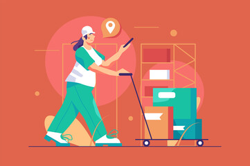 Woman work on online delivery warehouse service