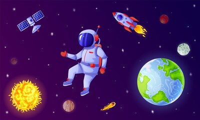 Astronaut in space. Cosmonaut flying in outer space with rocket, satellite, planets, stars. Astronaut on spacewalk cartoon vector illustration. Character discovering outer space in spacesuit