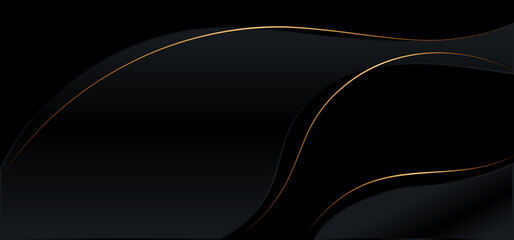 Abstract background black shiny curved shape with gold threads lines luxury style