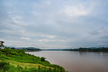 Fototapeta na wymiar Beautiful Landscape of Mekhong river between thailand and laos from Chiang Khan District.The Mekong, or Mekong River, is a trans-boundary river in East Asia and Southeast Asia