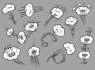 Comic speed clouds. Cartoon motion effect with speed line and cloud. Fast moving or throwing trails, comics books explosion effects vector set. Puff dust fog motion of different shape