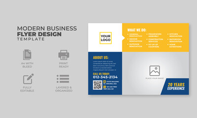 Corporate business flyer design template blue, yellow and white layout, a4 horizontal design, ready to print,, brochure, report
