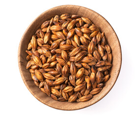 Barley Tea in the wooden bowl, isolated on pure white background, top view