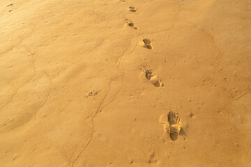 Detail texture of sand Sea sun beach for relax in holiday Sunny summer background with foot print on sand beautiful beach in phuket thailand