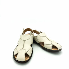Men's summer open sandals. Made of light beige genuine leather. Isolated over white background.