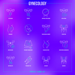 Gynecology thin line icons set. Ultrasound, check up, artificial fertilization, pregnancy, fetus, gynecological surgery, menstruation, cesarian section, intrauterine insemination. Vector illustration.