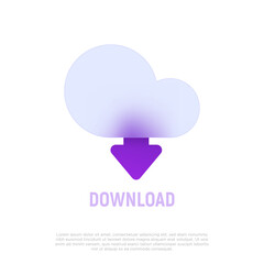 Cloud technology, download data icon. Glassmorphism style. Cloud computing. Vector illustration.