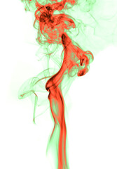 Red and green smoke on a white background.
