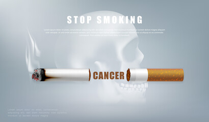 Stop smoking campaign illustration no cigarette for health cutted cigarette and scary human skull background