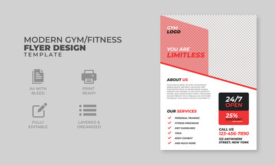 Modern fitness flyer layout red and black template, a4 design for gym, fitness, and trainer, ready to print design,