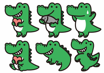 色々なポーズをしたワニのキャラクター