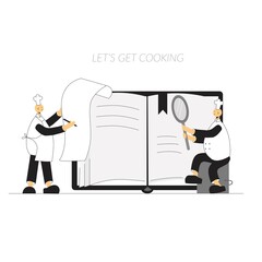 Cook chef with recipe book, hat, uniform from professional kitchen restaurant. Vector stock illustration isolated on white background for notebook, poster, online cooking course, class certificate.