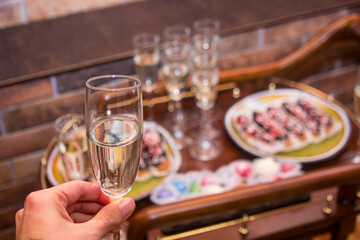 Buffet with sweet food and snacks for the guests of the event. Service at business meetings, weddings. Full table of appetizers