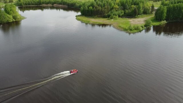 Motor speed boat on the lake. View from above