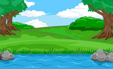 River in green forest, blue sky, silence, summer