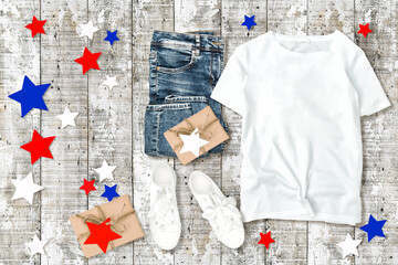 T-shirt mock up. Fashion flat lay 4th of July decoration