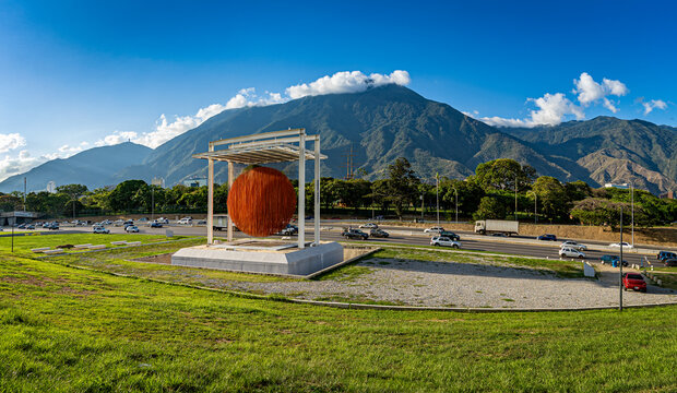 Caracas, Venezuela - May 14, 2021. Panoramic view of Soto Sphere with Avila Mountain at the background. 