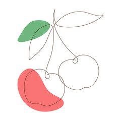 Cherry line art icon, outline style, sweet cherry silhouette, symbol, sign. Illustration one line drawing style. Simple sketch of cherries with leaves, colored abstract spots, doodle style, hand drawn