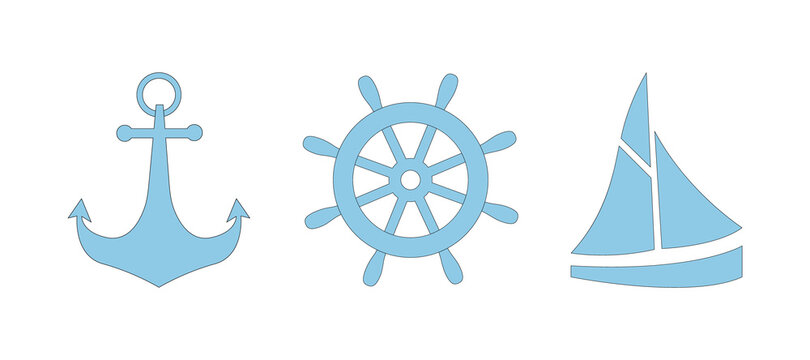 Set of blue nautical icons with black outline - anchor, steering wheel and boat. Simple vector icons isolated on white background. Sailboat, helm and anchor - three elements, stickers, signs, symbols.