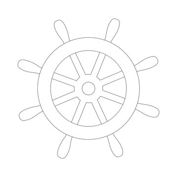 Simple steering wheel icon. Steer the ship, turn the steering wheel. Outline, line art, black and white icon, stock vector illustration isolated on white background. Can be used as a sign or symbol.