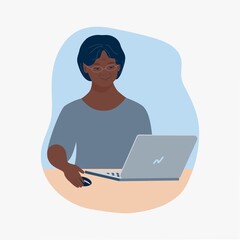 Old woman, character, pensioner, female image, face, woman with laptop, smile. Cartoon style. Concept, minimalism, vector illustration 