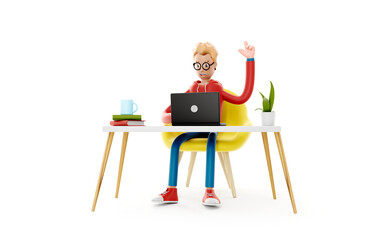 Cartoon character sits at the table with a laptop. Concept of distance work, study and communication. Coder, designer or office worker, 3d illustration.