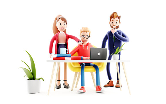 Cartoon character working on the laptop with team. Concept of teamwork, study and communication. Coder, designer and office worker, 3d illustration.