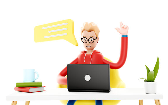 Cartoon character sits at the table with a laptop. Concept of distance work, study and communication. Coder, designer or office worker, 3d illustration.
