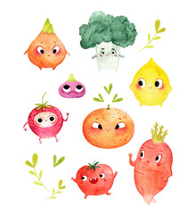 Fototapeta premium A set of cute watercolor vegetables and fruits. Cute little faces. This illustration is suitable for decorating the walls in the children's room, as well as for postcards and stickers.