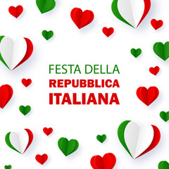 Festa della Repubblica Italiana background. Text in italian: Italian Republic Day, June 2th. Happy national holiday. Italy flag in heart shape. Design for poster, banner, card. Vector illustration