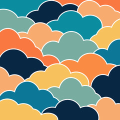 Abstract illustration of colorful retro style clouds in yellow, orange, light blue, blue, turquoise and navy blue colors 